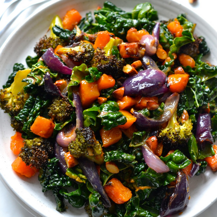 Butternut Squash, Broccoli & Kale Salad with Roasted Garlic Dressing