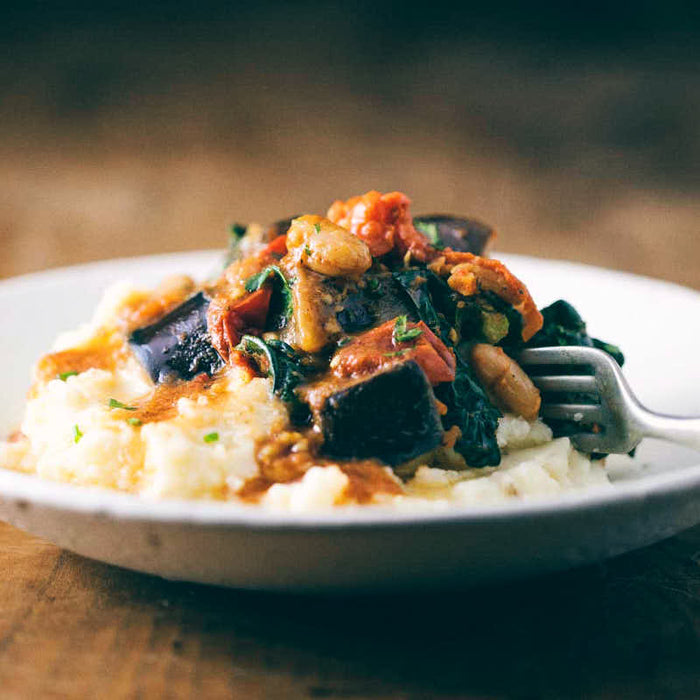 Parsnip Mashed Potatoes with Mediterranean Eggplant