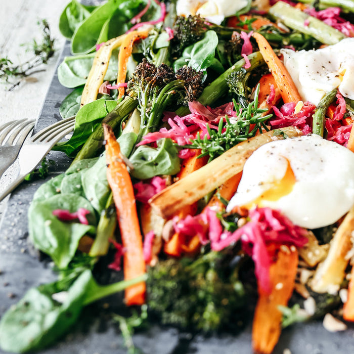 Roast Parsnip, Carrot & Broccolini Salad with Wild Kraut & Coconut Yoghurt