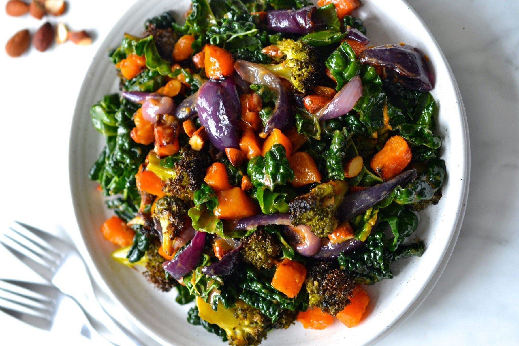 Pumpkin, Broccoli & Kale Salad with Roasted Garlic Dressing