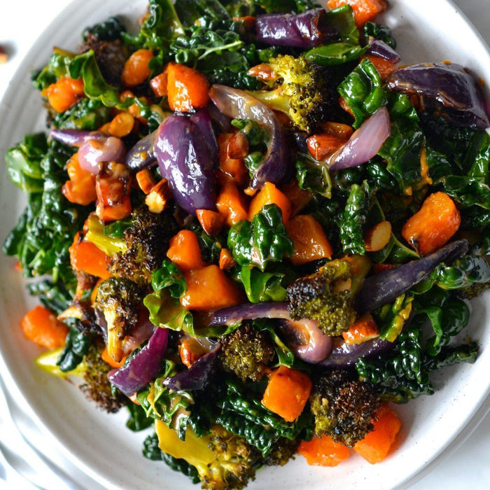 Pumpkin, Broccoli & Kale Salad with Roasted Garlic Dressing