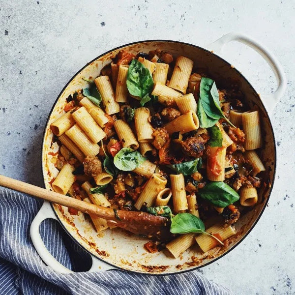 Rigatoni With Tomato, Eggplant, Fennel + Sausage