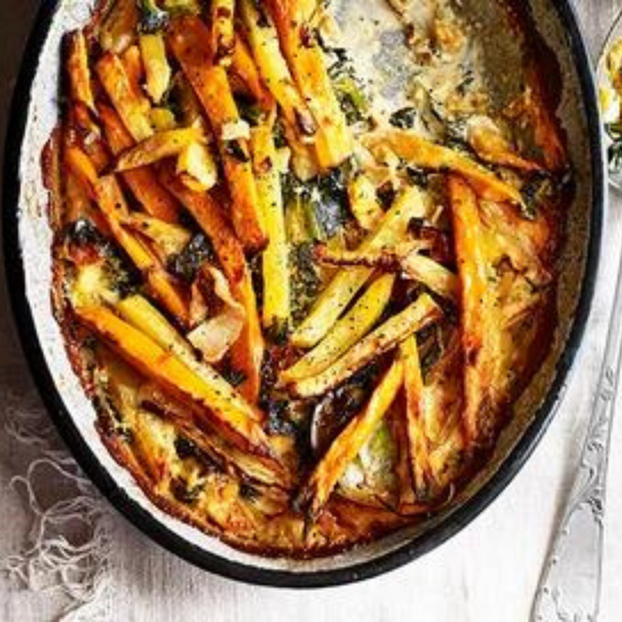 Swede, Kale and Sweet Potato Gratin