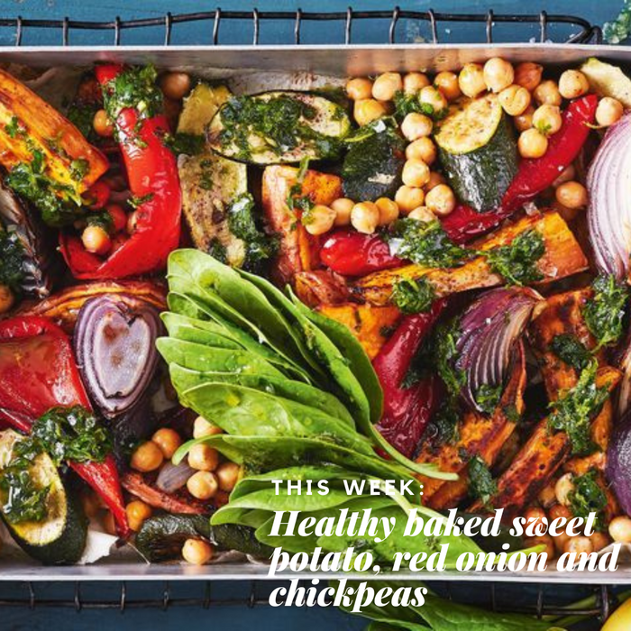 Healthy Baked Sweet Potato, Red Onion and Chickpeas