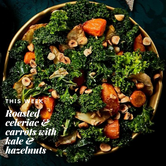 Roasted Celeriac & Carrots with Kale & Hazelnuts