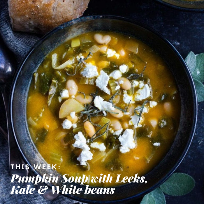 Pumpkin Soup with Leeks, Kale & White Beans