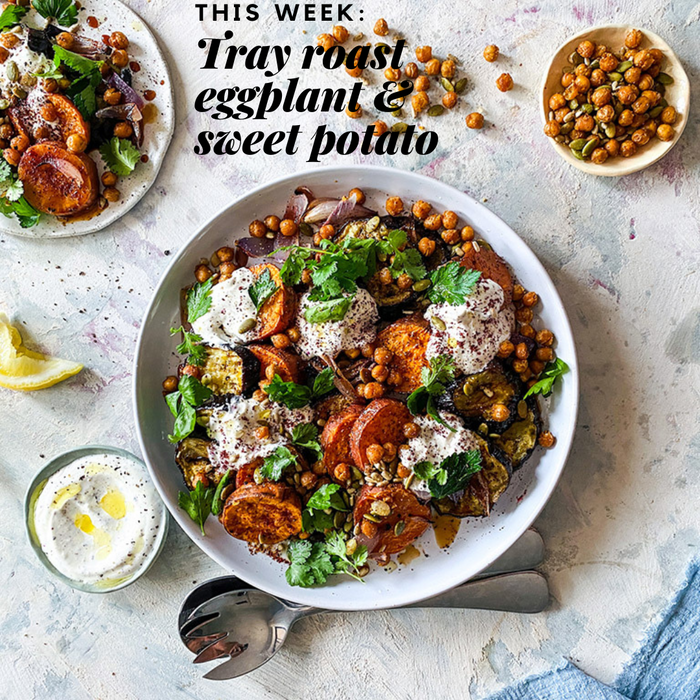 Tray Roast Eggplant & Sweet Potato with Crispy Chickpeas & Spiced Yoghurt