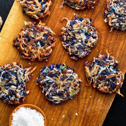 Red Cabbage, Carrot and Broccoli Stem Latkes With Caraway and Sesame