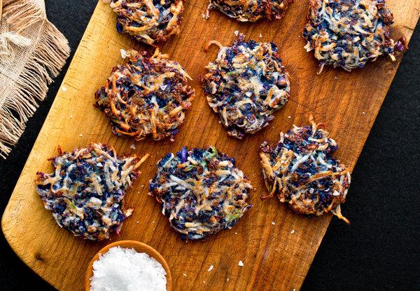 Red Cabbage, Carrot and Broccoli Stem Latkes With Caraway and Sesame
