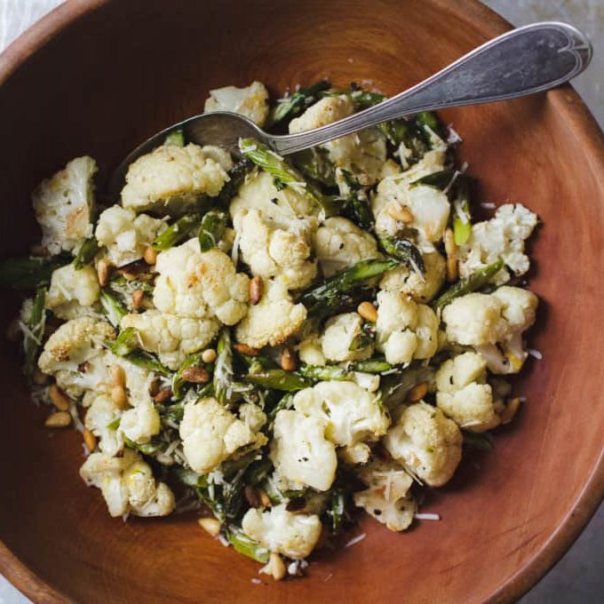 Lemony Roasted Asparagus and Cauliflower Salad
