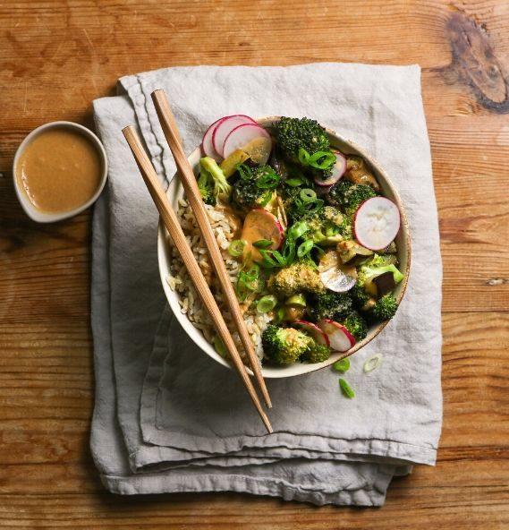 Satay Baked Eggplant and Broccoli Bowl