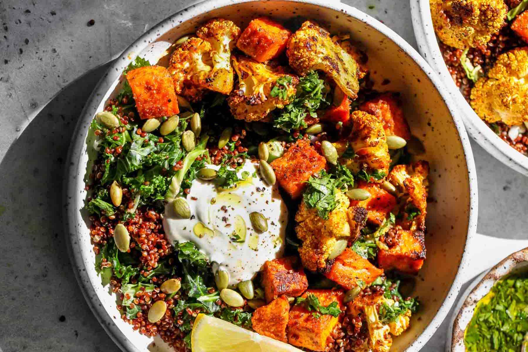 Curried Cauliflower and Sweet Potato Bowls with Cumin Yogurt