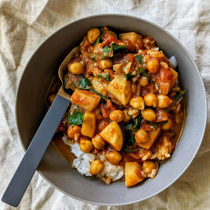 Coconut Chickpea & Turnip Curry with Spinach & Rice