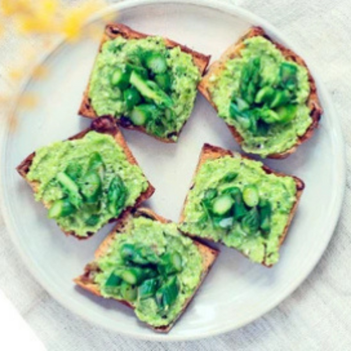 Herbed broad bean & feta crostini with asparagus