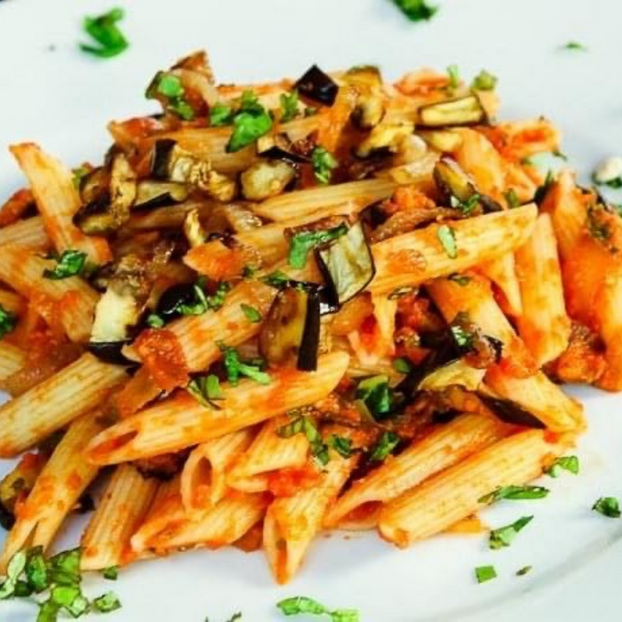 Caramelized Onions, Roasted Eggplant, and Tomato Penne Pasta