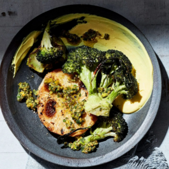 Pan-Seared Celery Root Steaks with Crispy Broccoli & Pistachio Salsa Verde