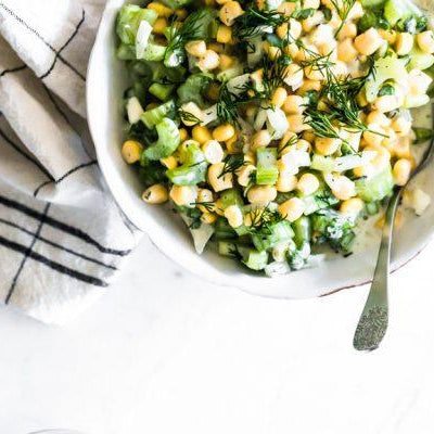 Corn celery salad with dill and yogurt sauce