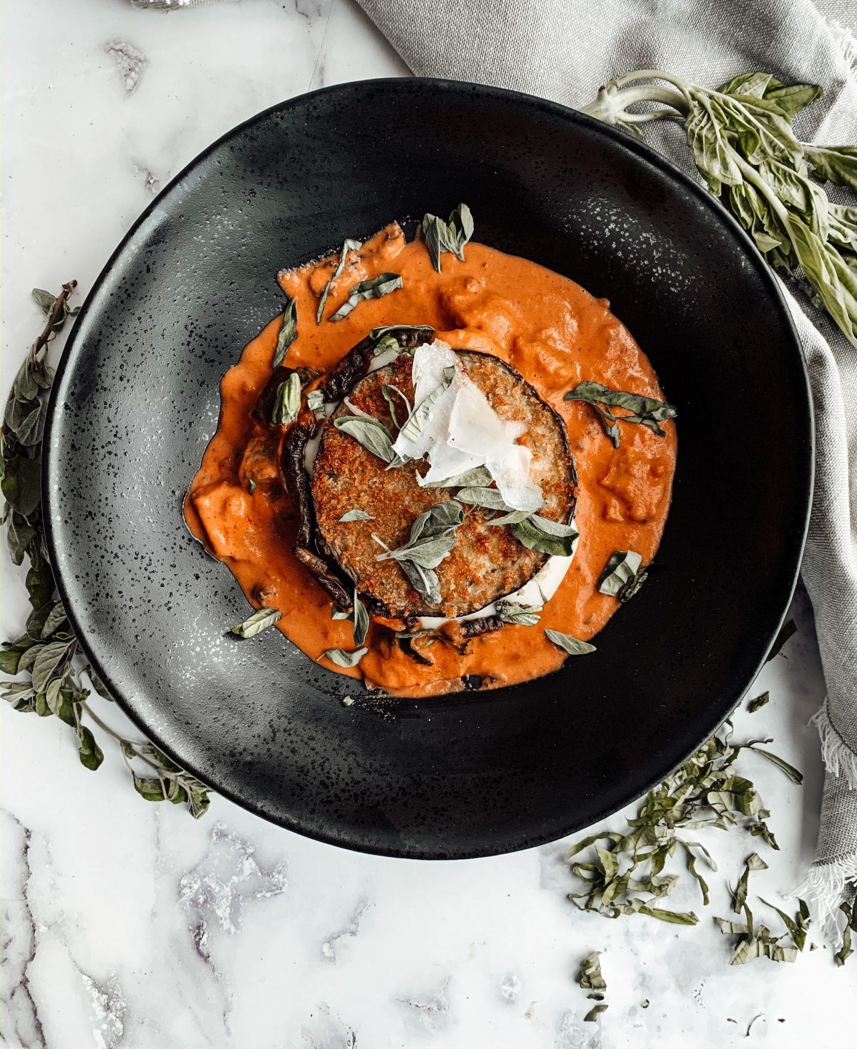 Eggplant stuffed mushrooms in Creamy Tomato Sauce