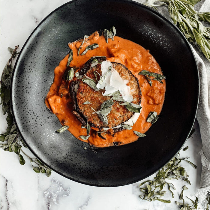 Eggplant stuffed mushrooms in Creamy Tomato Sauce