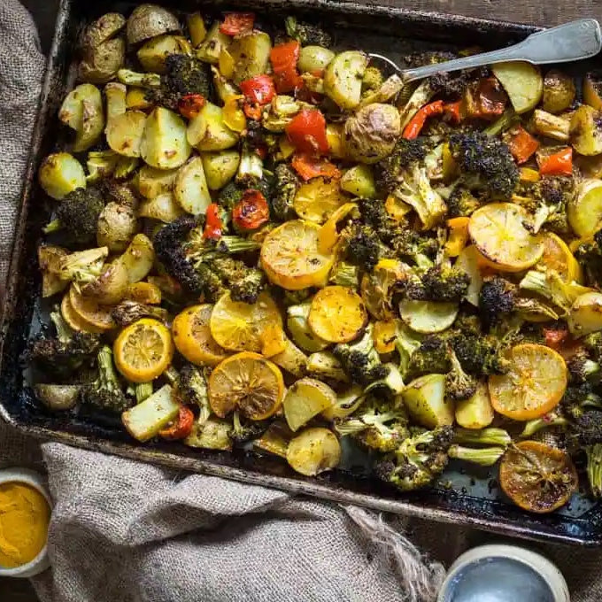 Roasted Lemon Potatoes, Broccoli and Capsicum