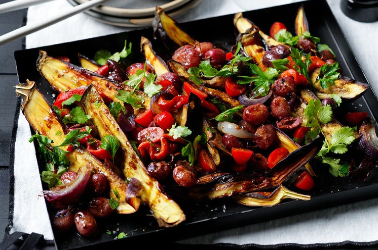 Roasted Eggplant with Sticky Tomato, Capsicum and Grapes
