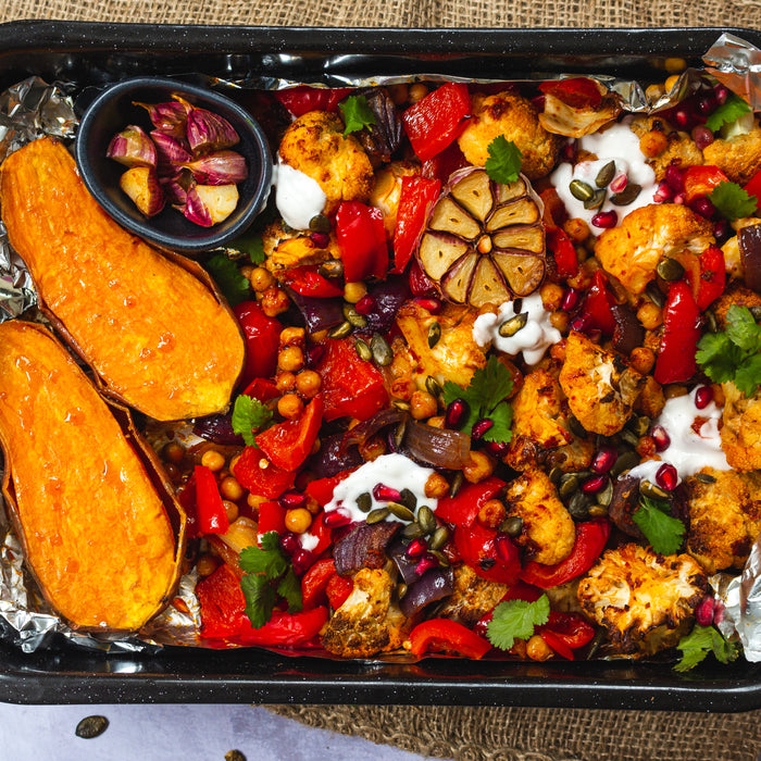 Roasted Red Capsicum and Cauliflower Harissa Traybake