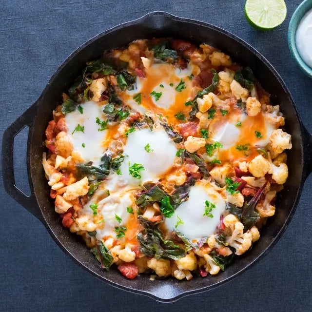 Shakshuka With Leeks, Cauliflower And Rainbow Chard