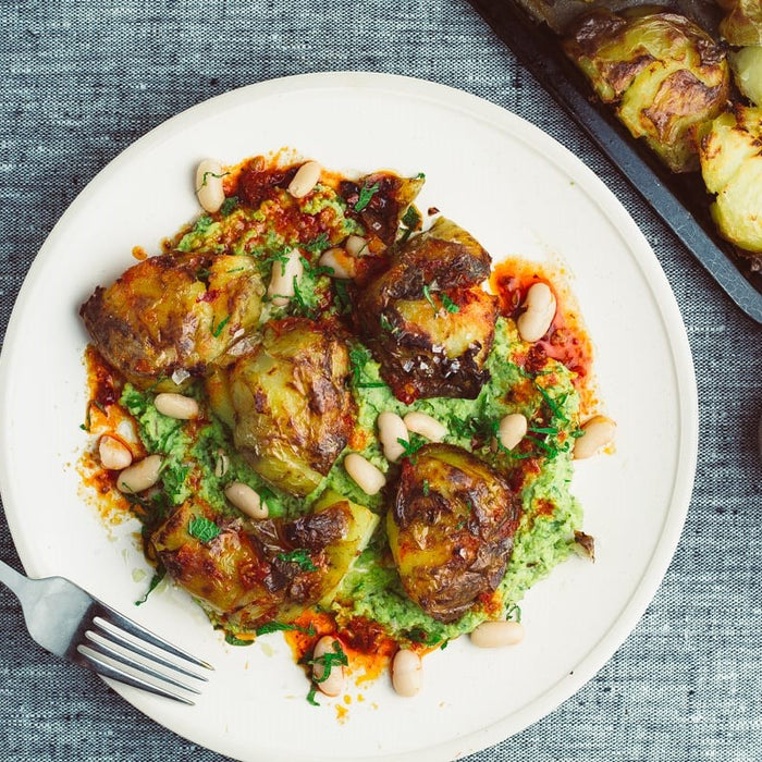 Crispy Smashed Potatoes With Mashed Broad Beans