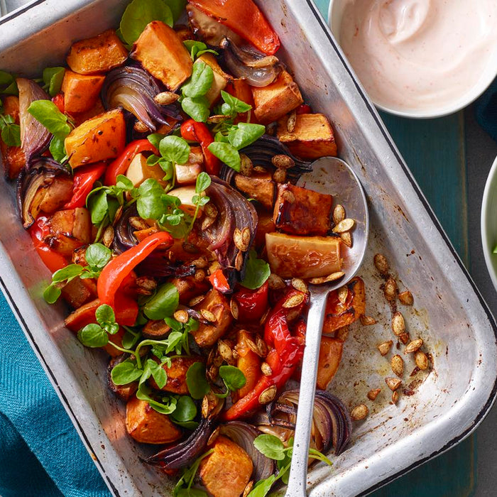 Sticky Pumpkin And Sweet Potato Traybake