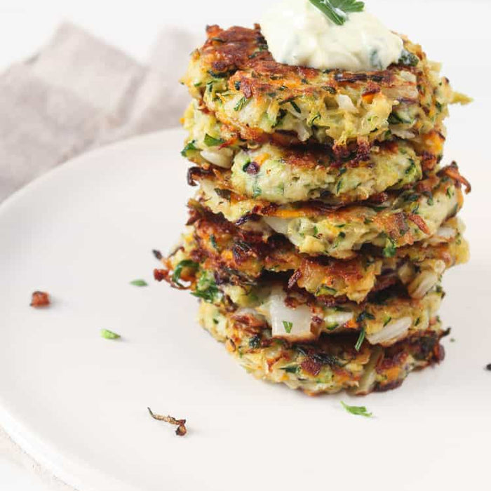 Zucchini Kohlrabi Carrot Fritters with Herb Yogurt Sauce