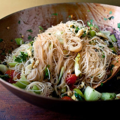Stir-Fried Rice Stick Noodles With Bok Choy and Cherry Tomatoes