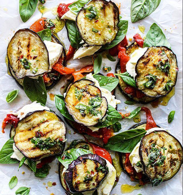 Eggplant, Red Peppers And Mozzarella Rounds With Chili Basil Oil