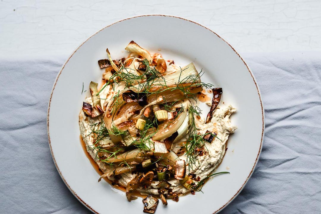Braised Fennel with Crispy Charred Leeks and Chile-Fennel Oil