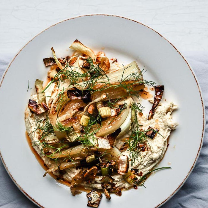 Braised Fennel with Crispy Charred Leeks and Chile-Fennel Oil