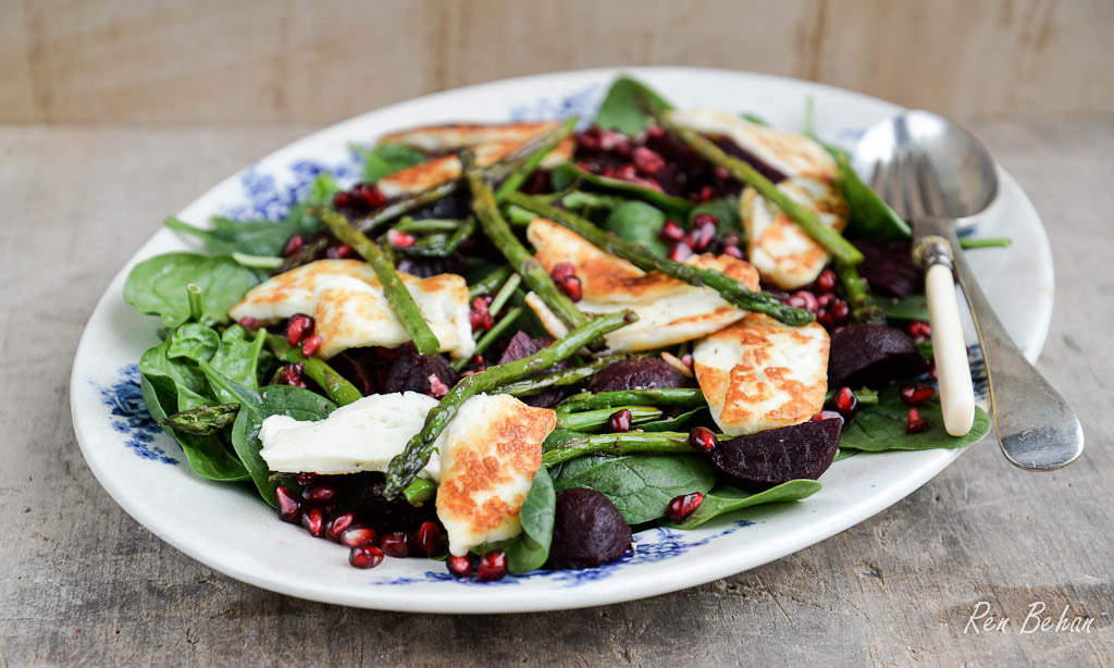 Asparagus, Spinach, Beetroot and Halloumi Salad