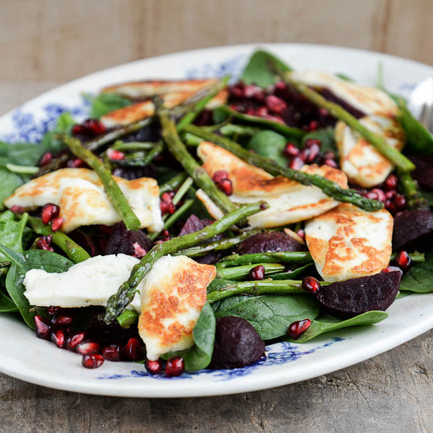 Asparagus, Spinach, Beetroot and Halloumi Salad