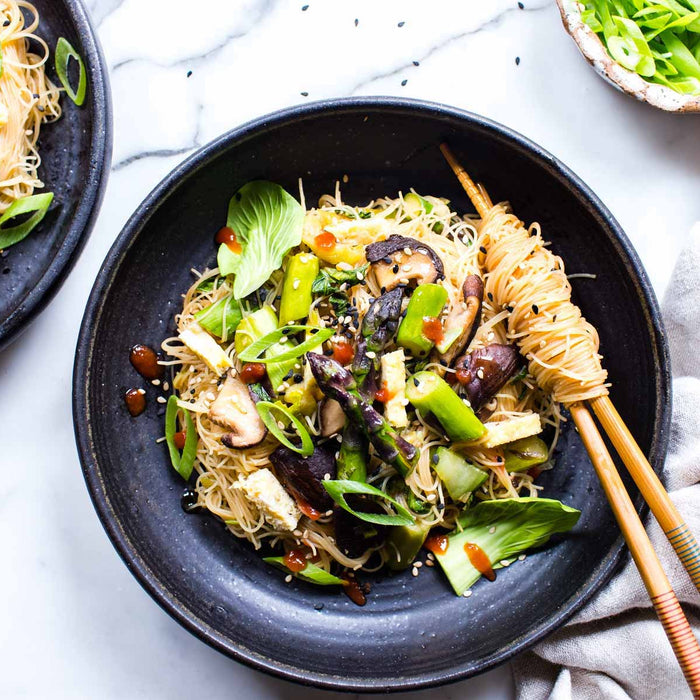 Easy Asparagus Mushroom and Bok Choy with Noodles