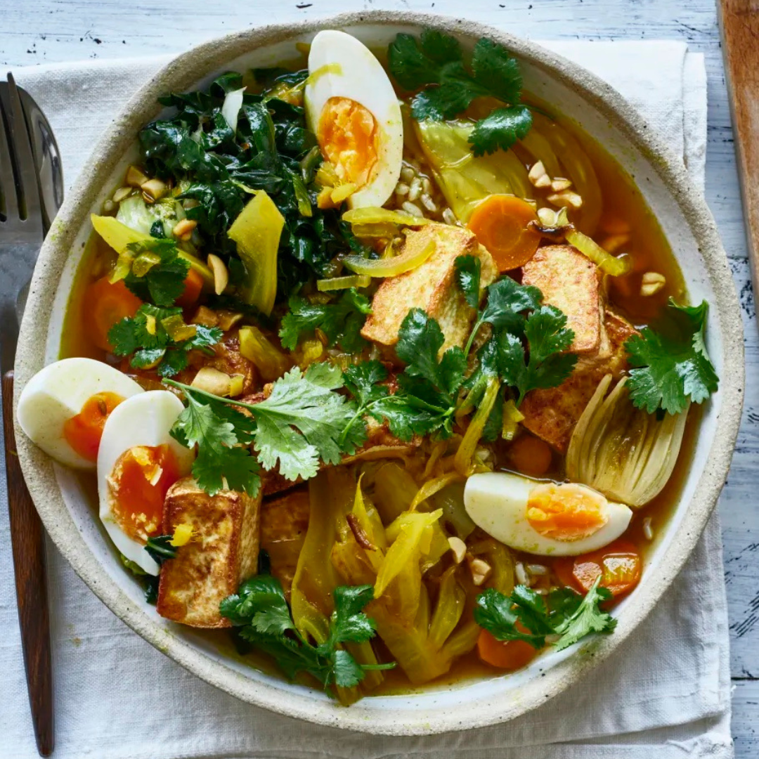 Braised Tofu with Fennel, Wombok, Egg, Brown Rice and Peanuts