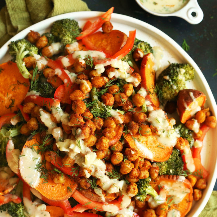 Roasted Broccoli Sweet Potato Chickpea Salad
