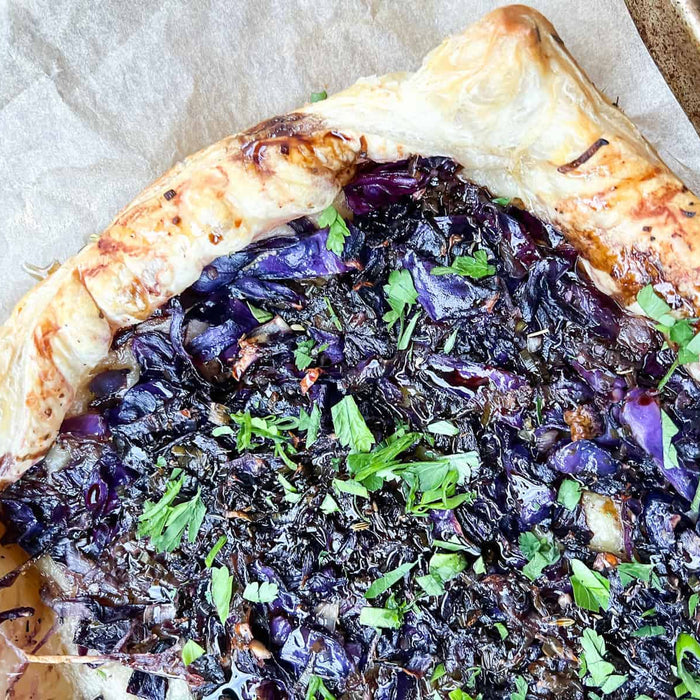 Caramelized Red Cabbage, Onion, and Leek Tart