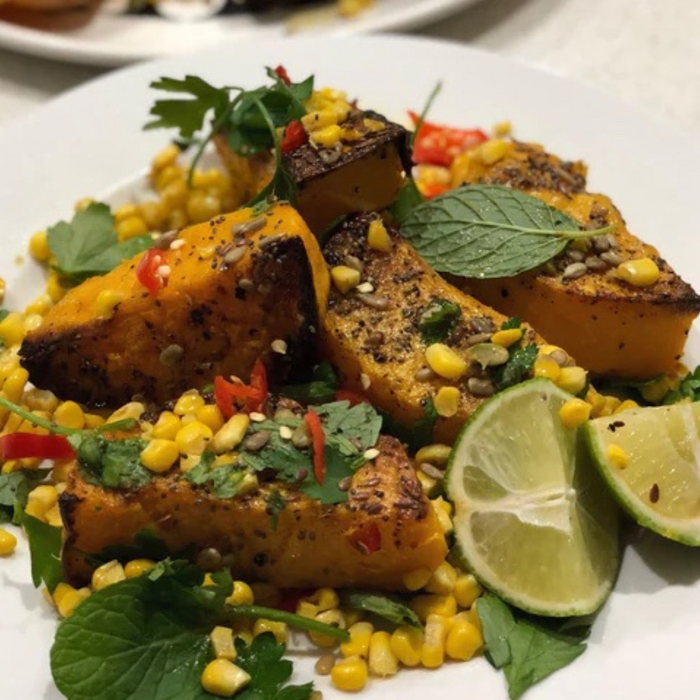 Ottolenghi Style Roasted Pumpkin with Sweet Corn Salsa