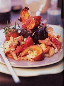 Eggplant Steaks with Pumpkin, Tomato, and Mushroom Ragoût