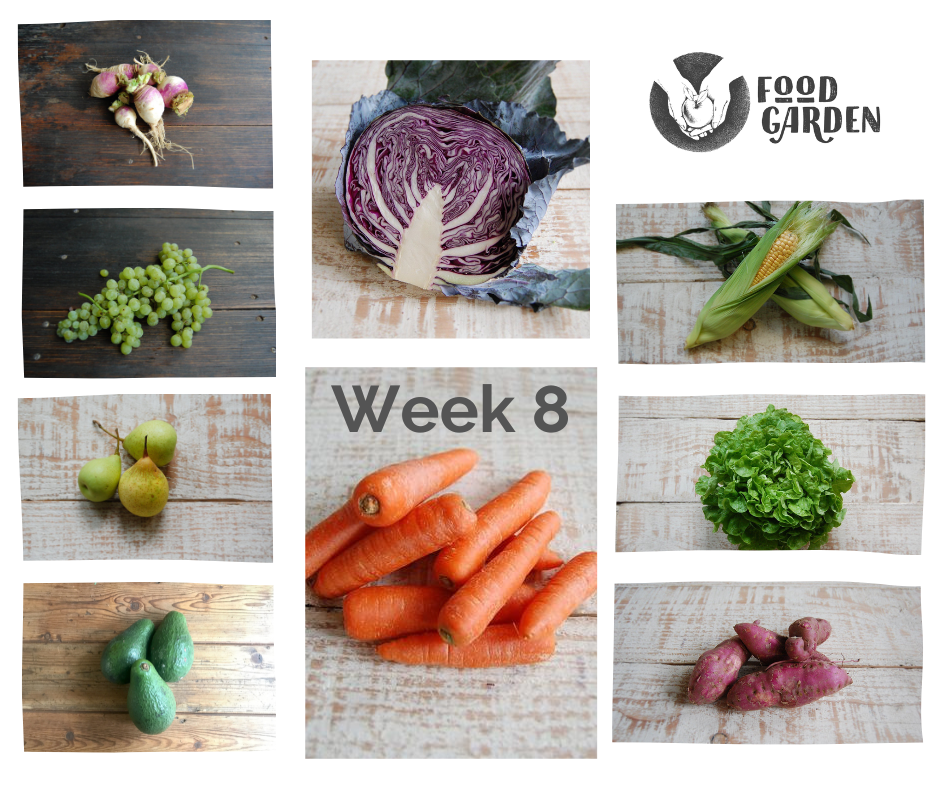Week 8 - Red Sweet Potato, Red Cabbage, Yellow Capsicum, Sweet Corn and Sultana Grapes