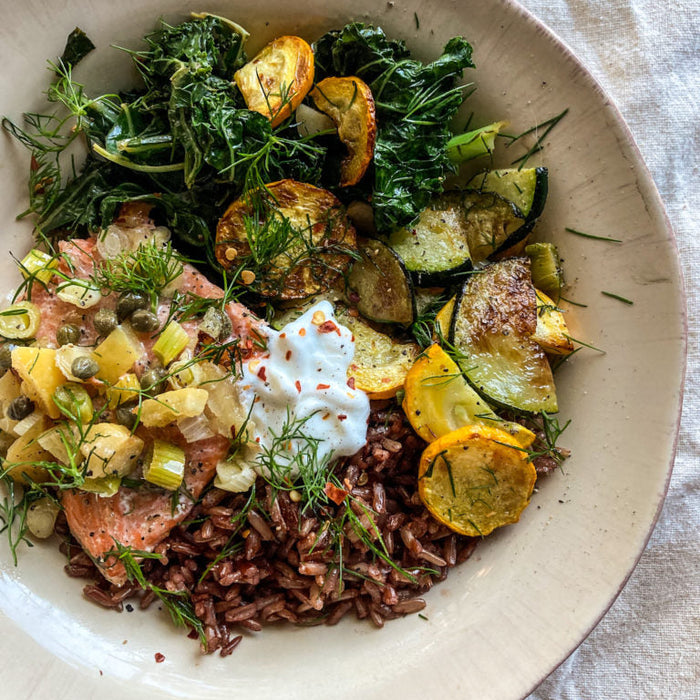 Lemon Buttered Salmon With Zucchini & Garlicky Kale