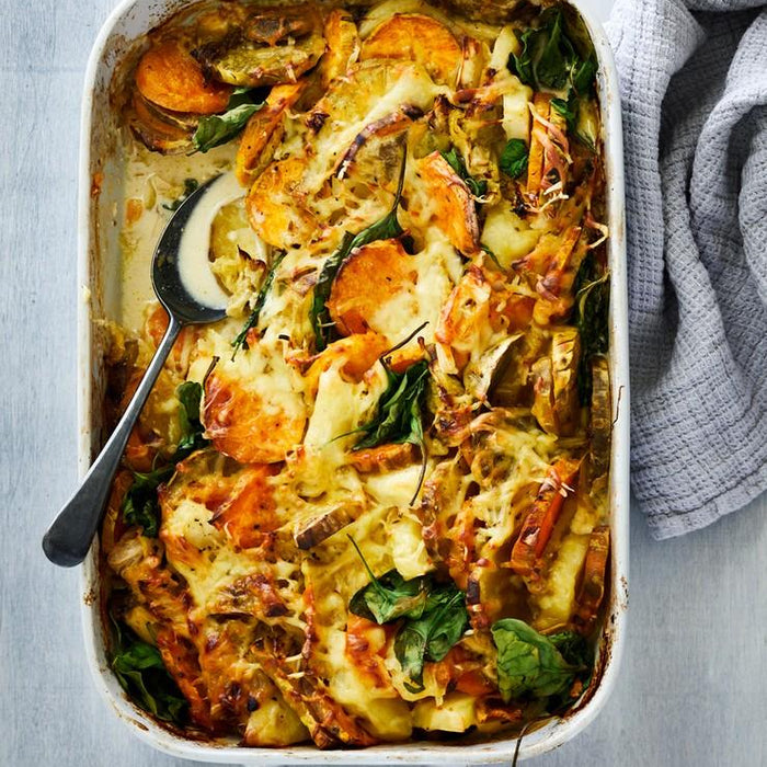 Kumara, Potato and Cabbage Gratin