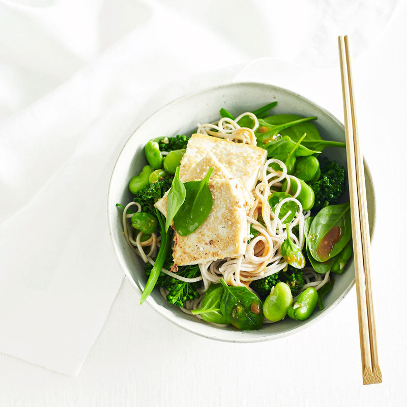 Miso Soba Noodles with Broccolini, Broad Beans and Sesame Tofu — Food