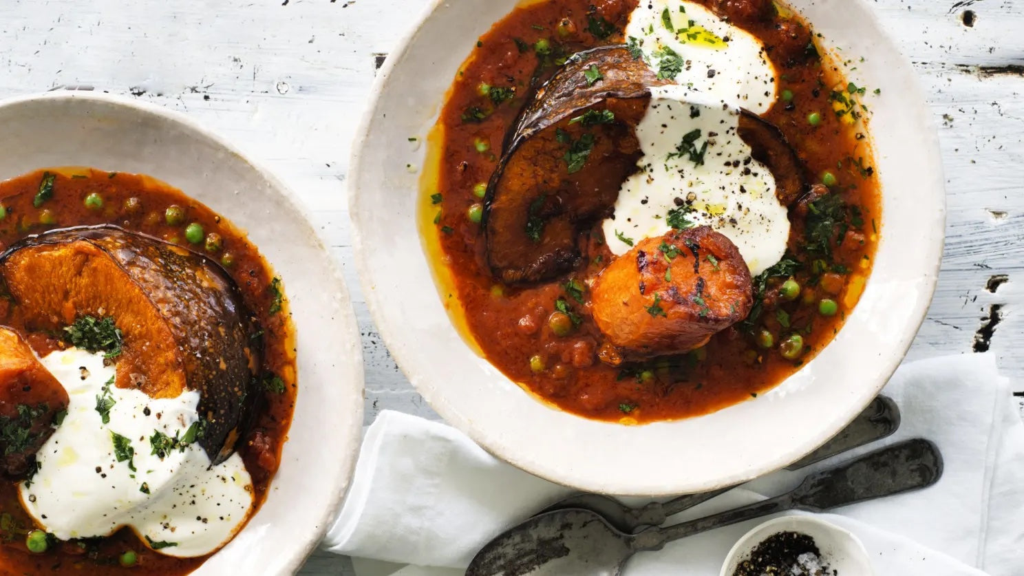 Neil Perry's Roast Pumpkin and Sweet Potato with Tomato and Pea Sauce