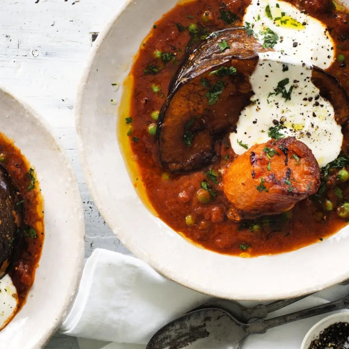 Neil Perry's Roast Pumpkin and Sweet Potato with Tomato and Pea Sauce