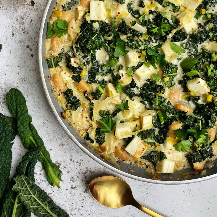 One Pan Celeriac, Butter Bean & Kale Bake