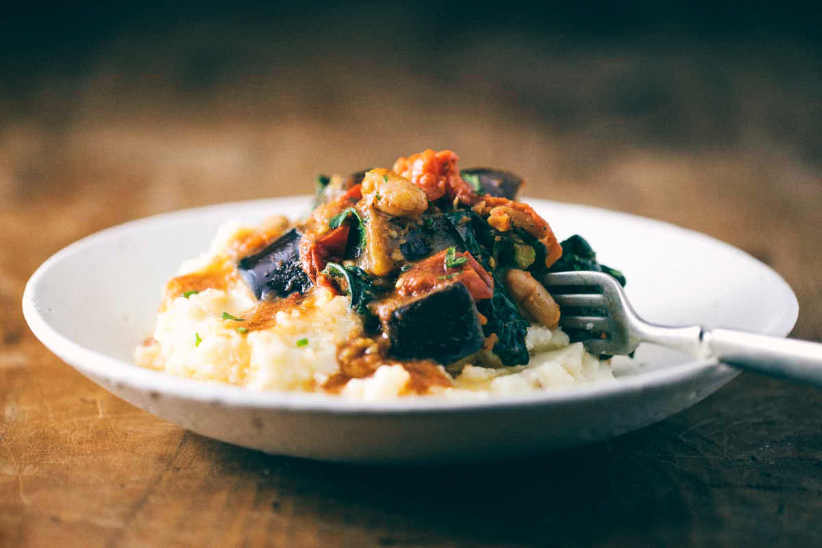 Parsnip Mashed Potatoes with Braised Eggplant